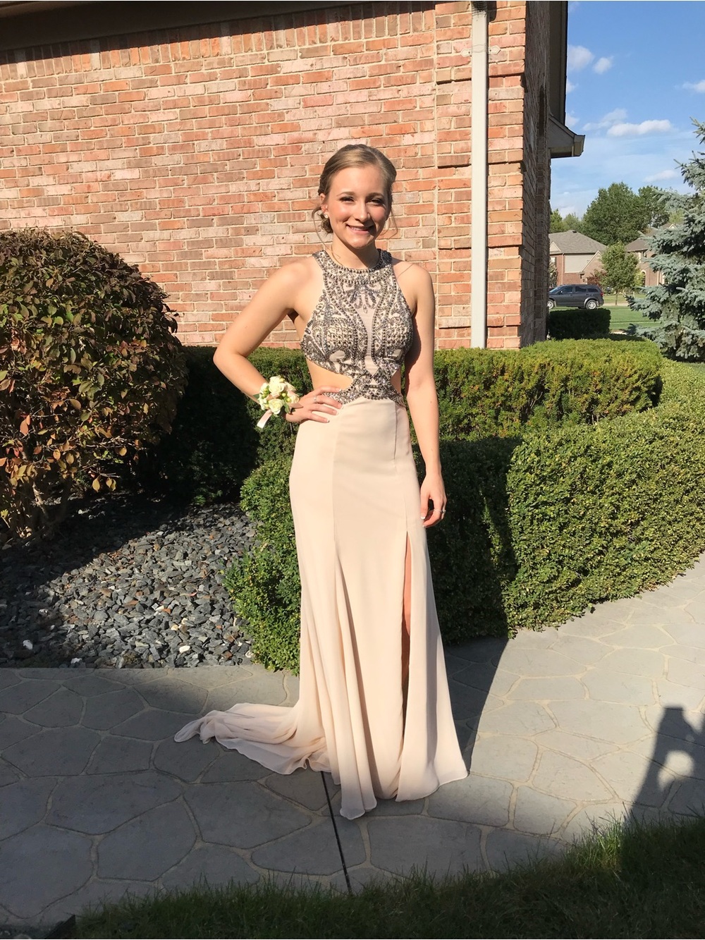 Embellished High-Neck Prom Gown in Blush